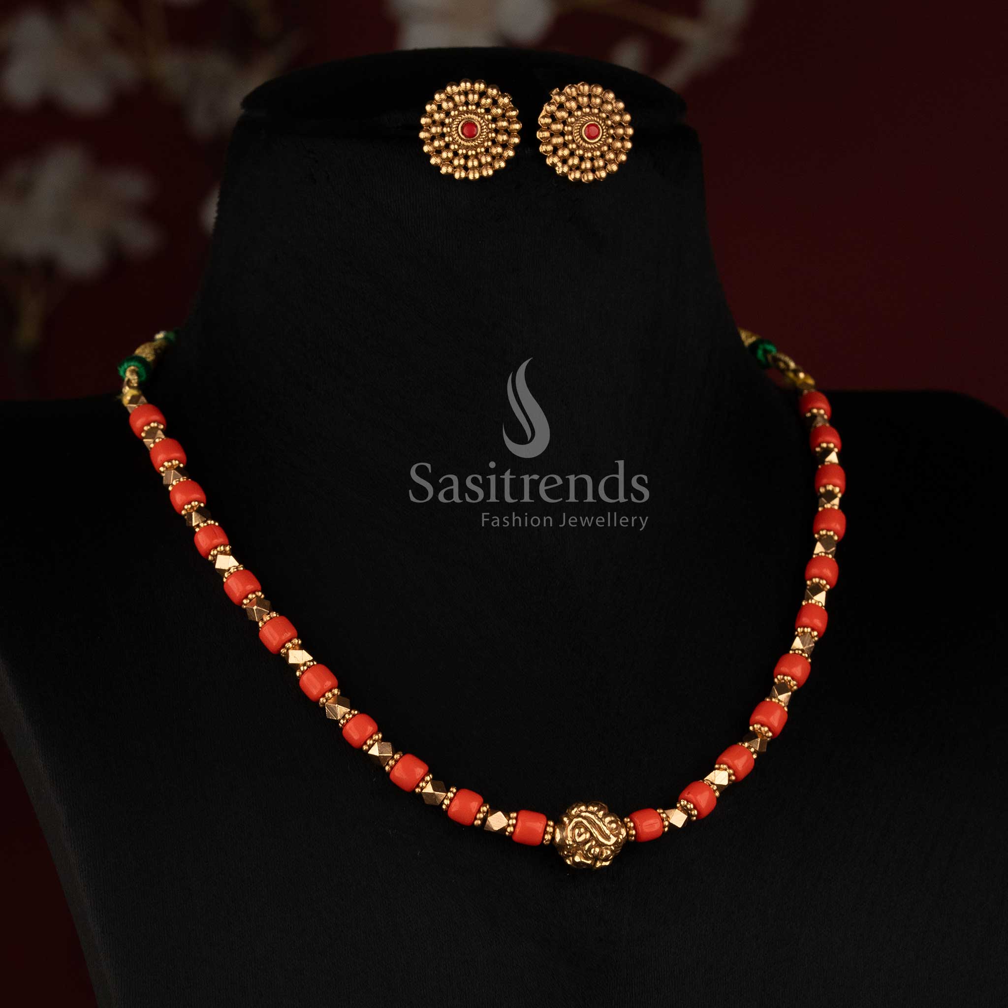 Coral Red Bead Mala with Antique Golden Spacers and Central Ganesha Bead - Sasitrends