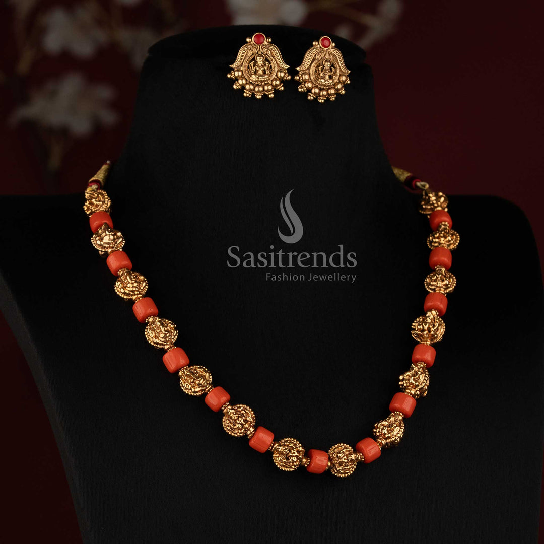 Detailed Coral Red Bead Mala with Repeating Goddess vinayagar Golden Motifs and Studs - Sasitrends
