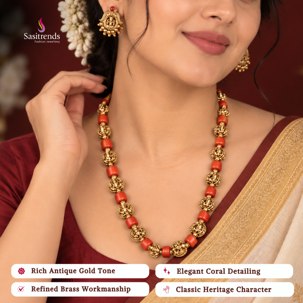 Antique gold plated coral bead necklace set - Sasitrends