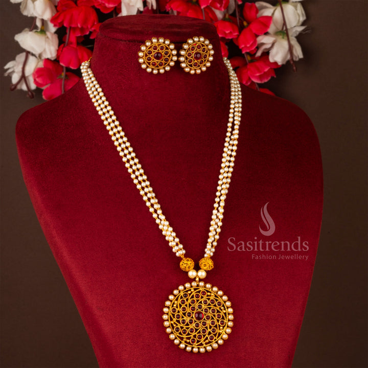 Sasitrends Classic Traditional Matte Gold-Plated Three Line Pearl Mala Necklace Jewellery Set