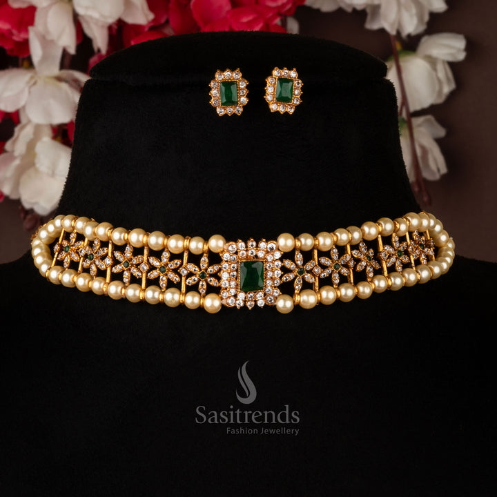 Royal matte gold plated temple pearl choker necklace jewellery set with matching earrings, featuring a refined combination of green-white stones for a traditional statement look - Sasitrends