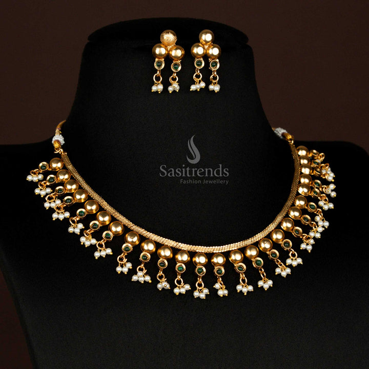 Classic Matte Gold Plated Temple Necklace Set with Ball Motifs and Pearl Drops – Sasitrends