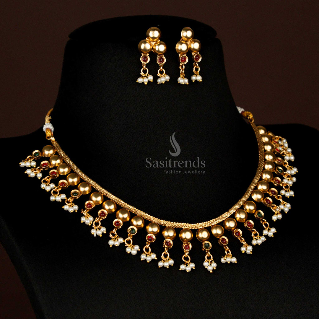 South Indian Temple Necklace Set with Ball Design and Cluster Pearls – Sasitrends