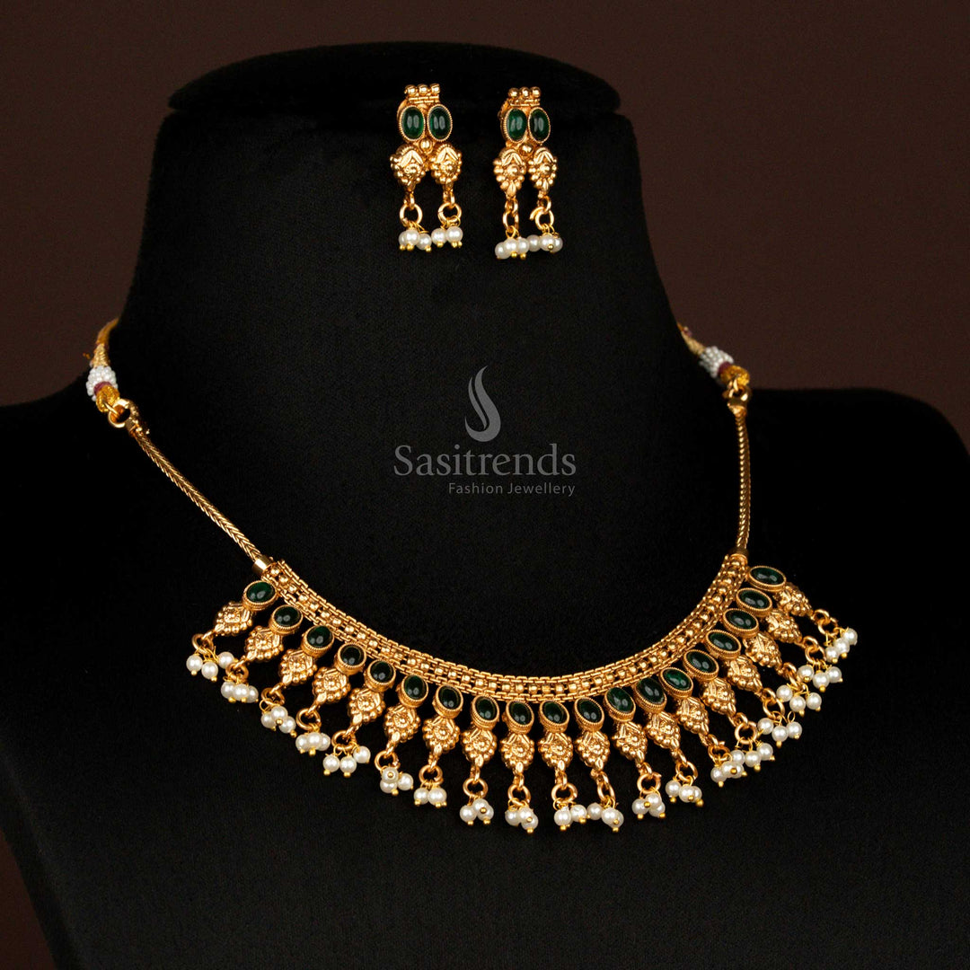 Classic Matte Gold Plated Temple Jewellery Necklace Set with Floral Drop Motifs and Bead Hangings – Sasitrends