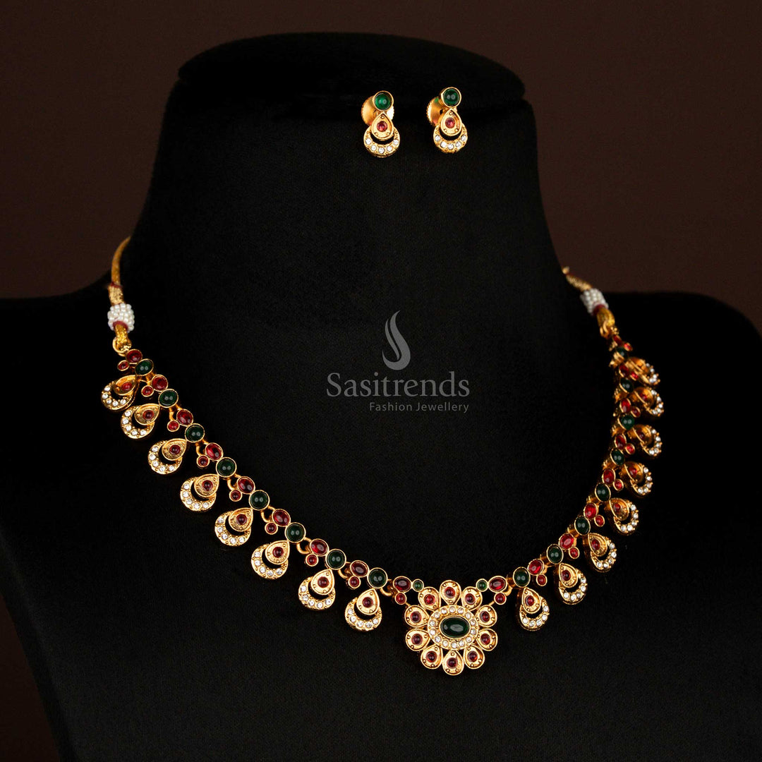 Majestic matte gold plated green-ruby floral pendant necklace set with oval drop motifs and traditional stud earrings – divine ethnic jewellery for festive saree looks – Sasitrends