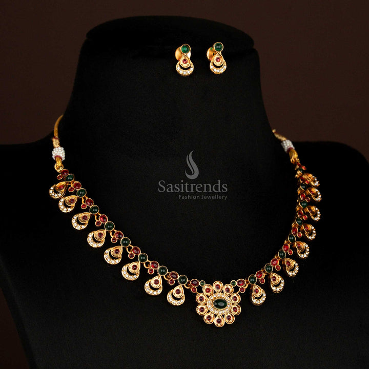 Classic Matte Gold Plated Floral Center Necklace Jewellery Set with Oval Drop Motifs and Matching Stud Earrings – Traditional Jewellery for Sarees & Festivals - Sasitrends