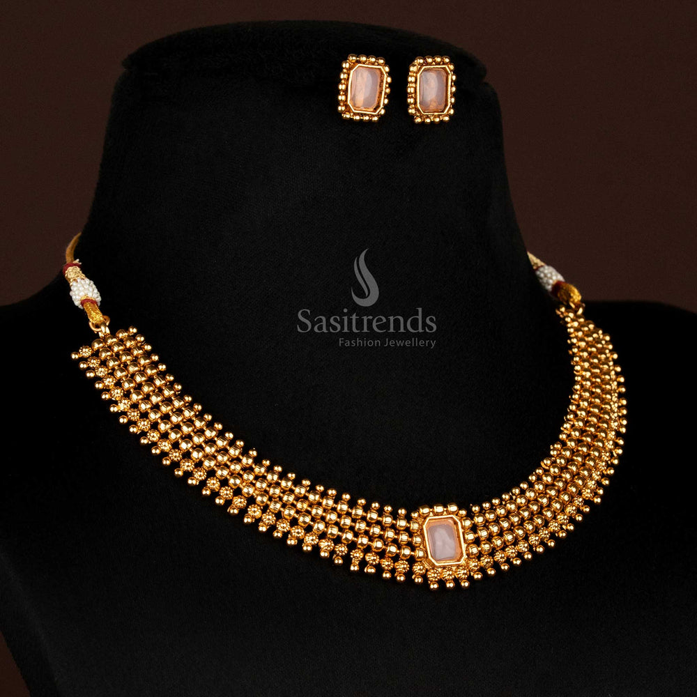 Timeless matte gold plated necklace set with rectangle pink centrepiece and delicate ball chain, paired with sleek stud earrings – traditional jewellery perfect for engagement or festive sarees – Sasitrends