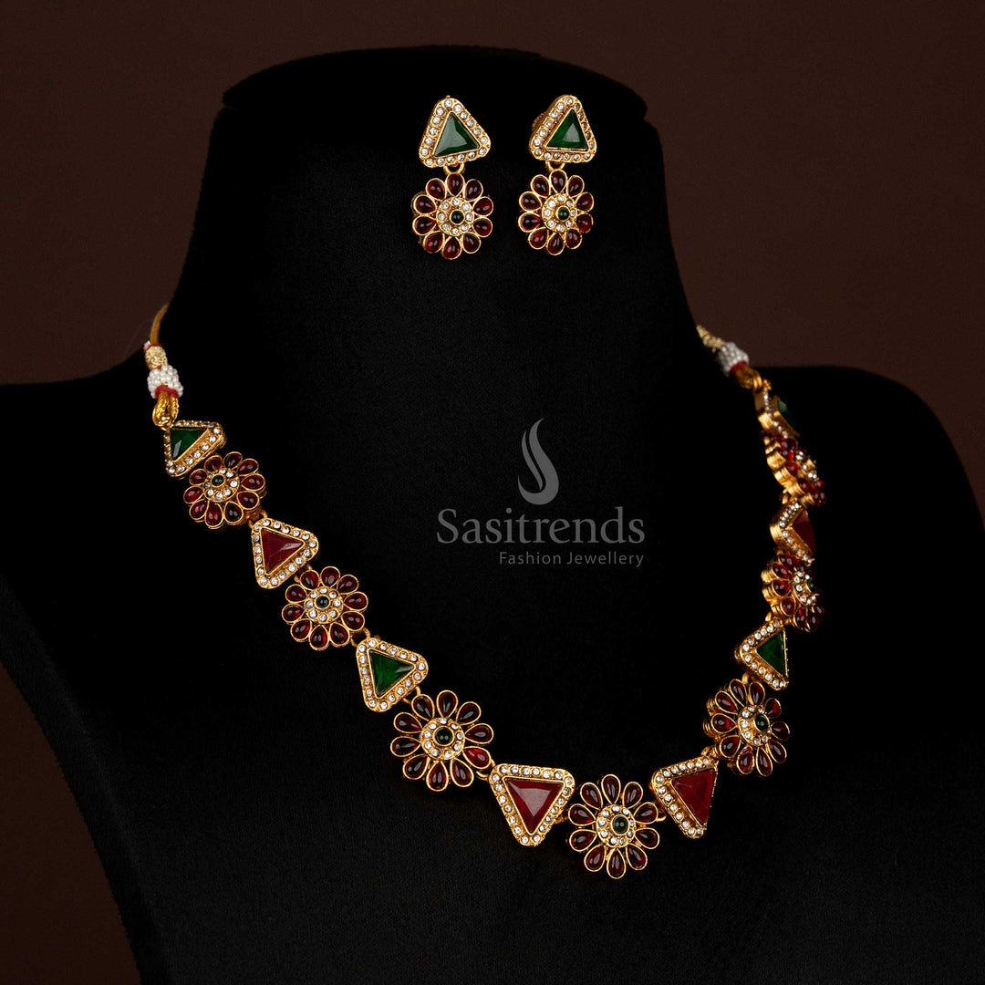 Full view of Classic Matte Gold Plated necklace set with alternating floral and triangular stone elements, SKU 2011F  - Sasitrends