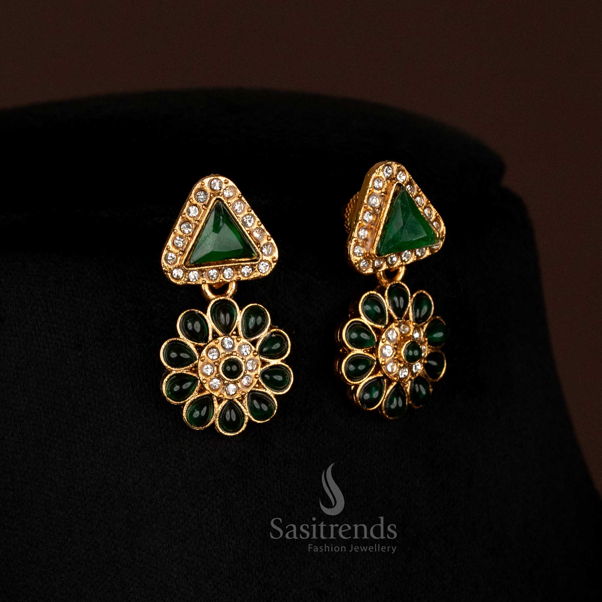 Pair of elegant Classic Matte Gold Plated drop earrings with floral and triangular stone patterns, matching the necklace - Sasitrends