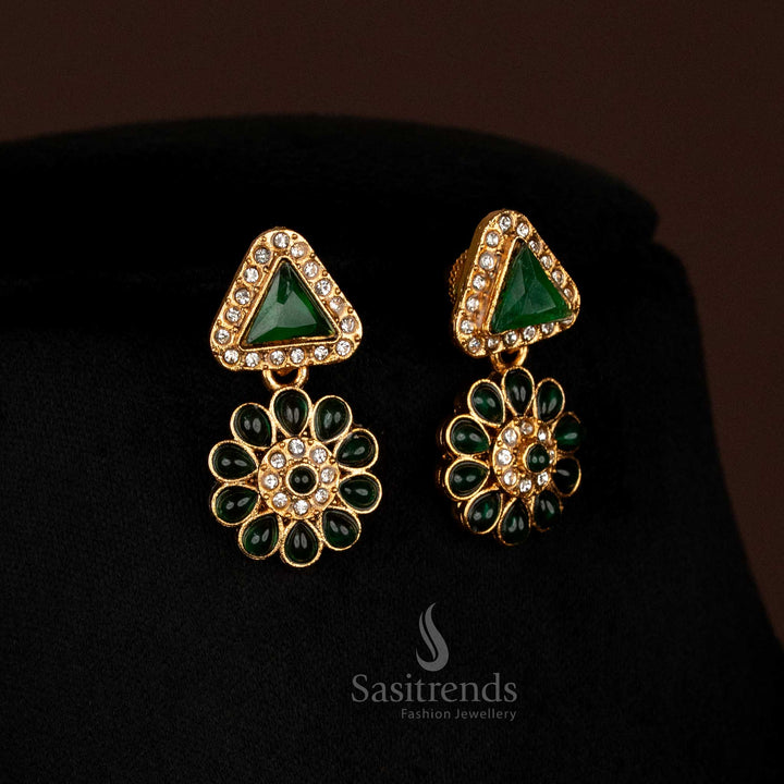 Pair of elegant Classic Matte Gold Plated drop earrings with floral and triangular stone patterns, matching the necklace - Sasitrends