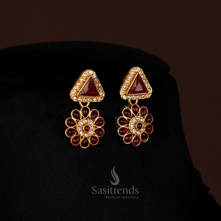 Pair of elegant Classic Matte Gold Plated drop earrings with floral and triangular stone patterns, matching the necklace - Sasitrends