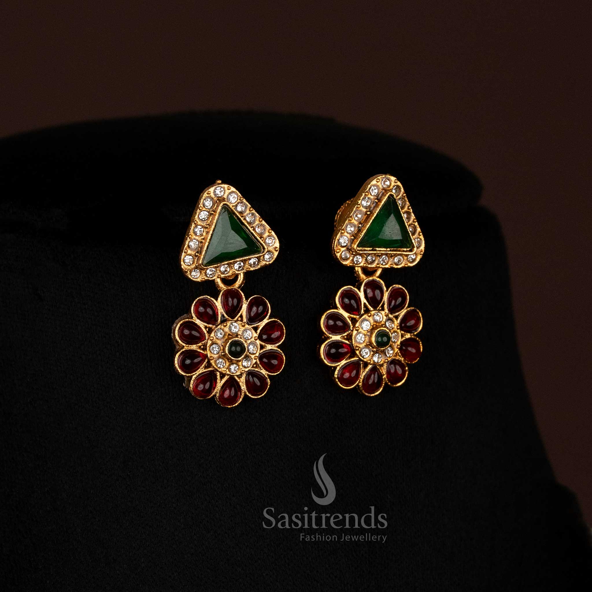 Pair of elegant Classic Matte Gold Plated drop earrings with floral and triangular stone patterns, matching the necklace - Sasitrends