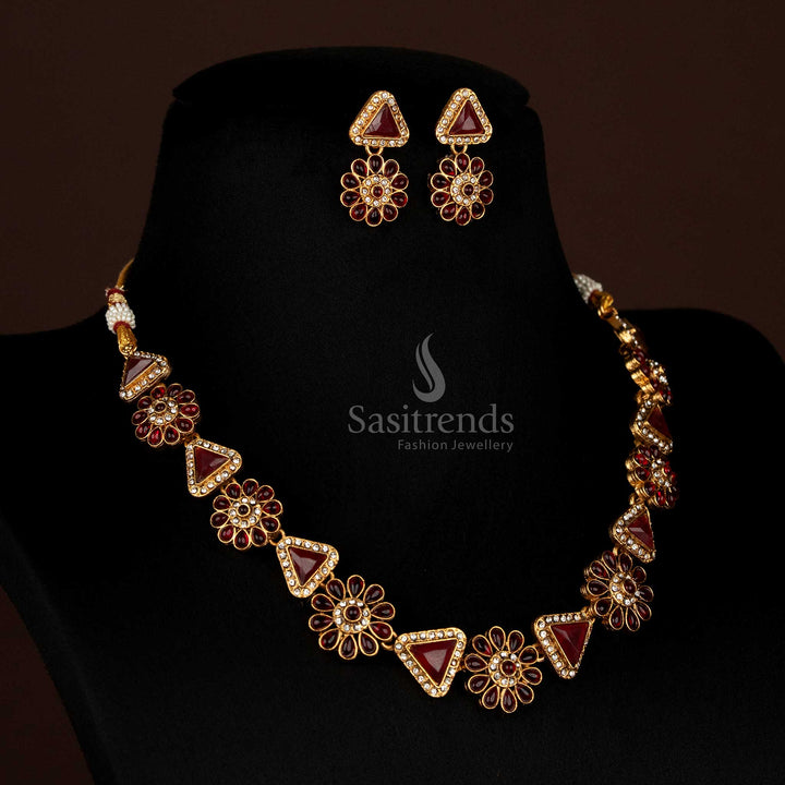 Full view of Classic Matte Gold Plated necklace set with alternating floral and triangular stone elements, SKU 2011F  - Sasitrends