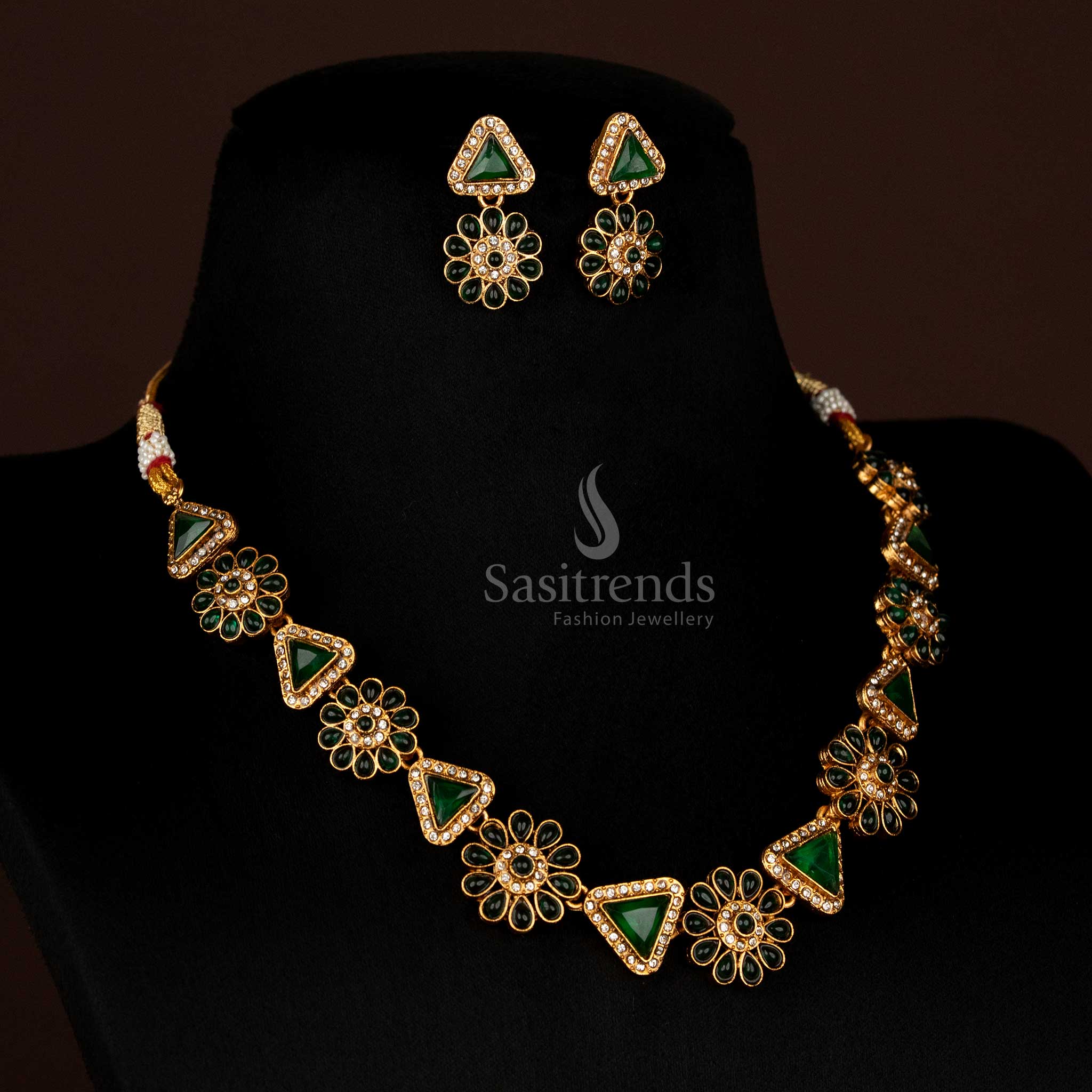 Full view of Classic Matte Gold Plated necklace set with alternating floral and triangular stone elements, SKU 2011F  - Sasitrends