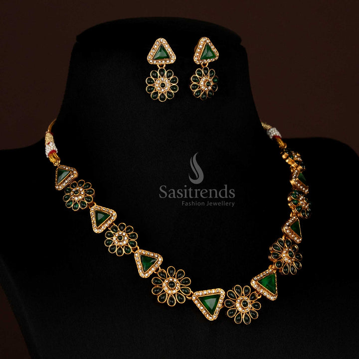 Full view of Classic Matte Gold Plated necklace set with alternating floral and triangular stone elements, SKU 2011F  - Sasitrends