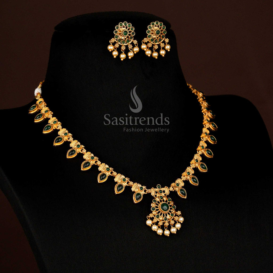 Budget Friendly Classic Temple Matte Gold Plated Floral Teardrop Green Pearl Necklace Set - Sasitrends