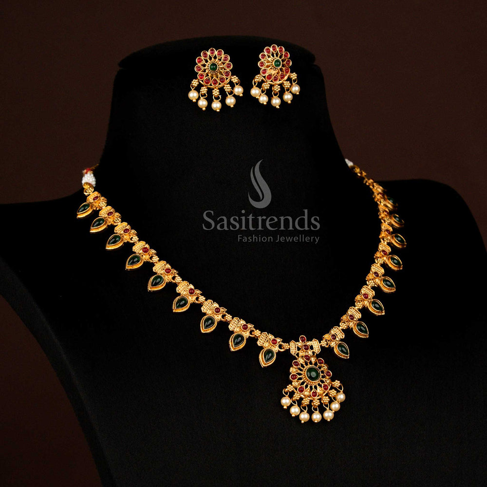 Pocket Friendly Classic Temple Matte Gold Plated Floral Teardrop Ruby Green Pearl Necklace Set - Sasitrends