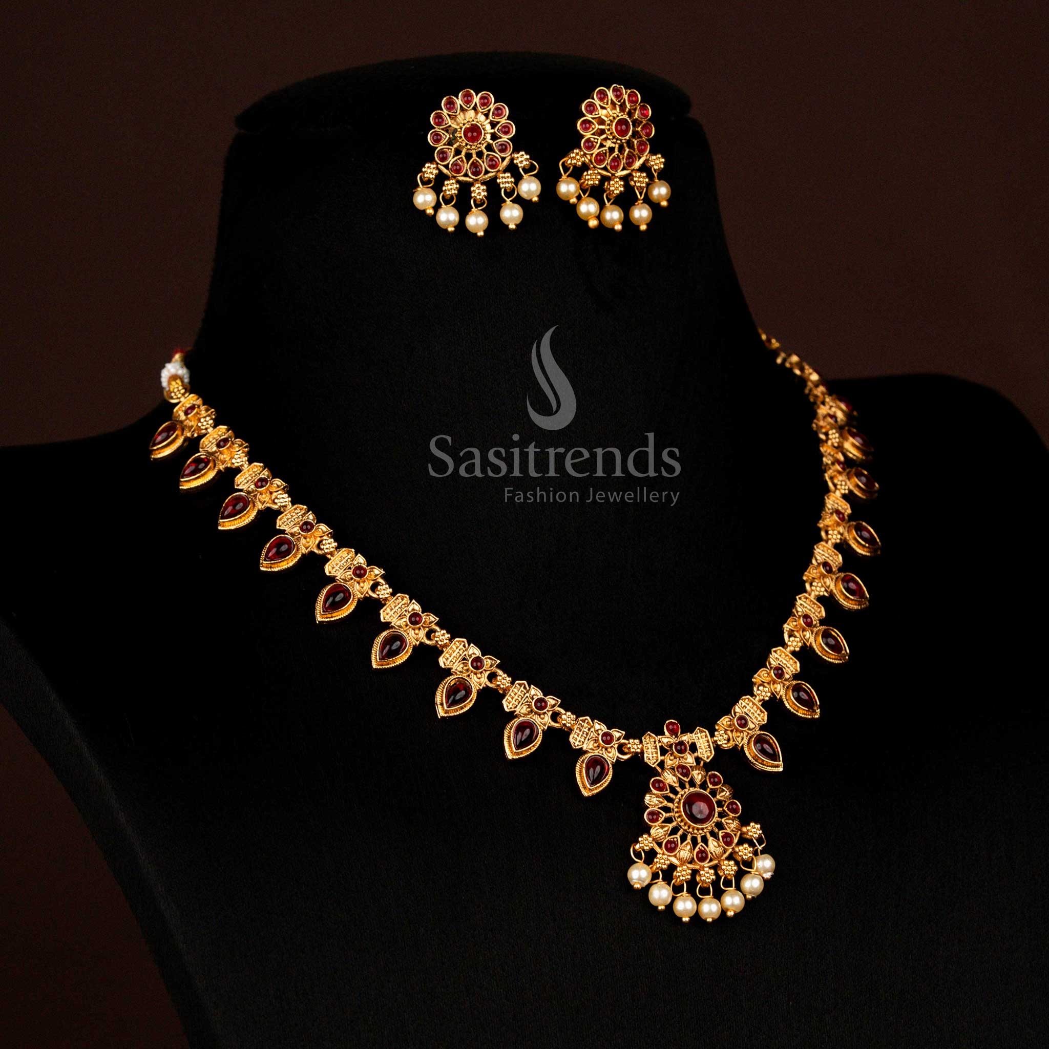 Budget Friendly Classic Temple Matte Gold Plated Floral Teardrop Ruby Pearl Necklace Set - Sasitrends