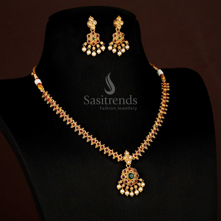Classic Temple Matte Gold Plated Circular Stone Floral Ruby Green Pearl Necklace Set ,  Pocket Friendly - Sasitrends