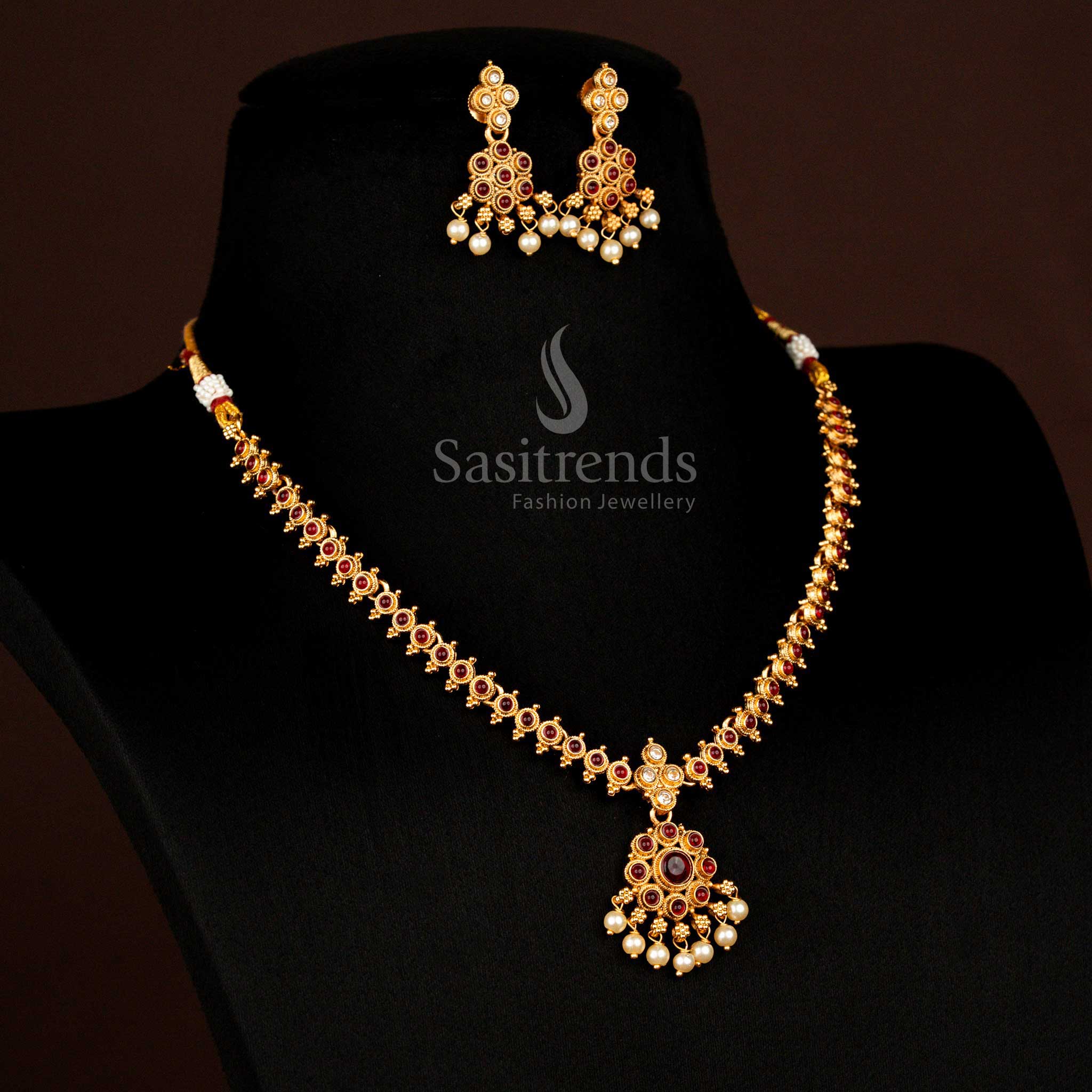 Classic Temple Matte Gold Plated Circular Stone Floral Ruby Pearl Necklace Set ,  Pocket Friendly - Sasitrends