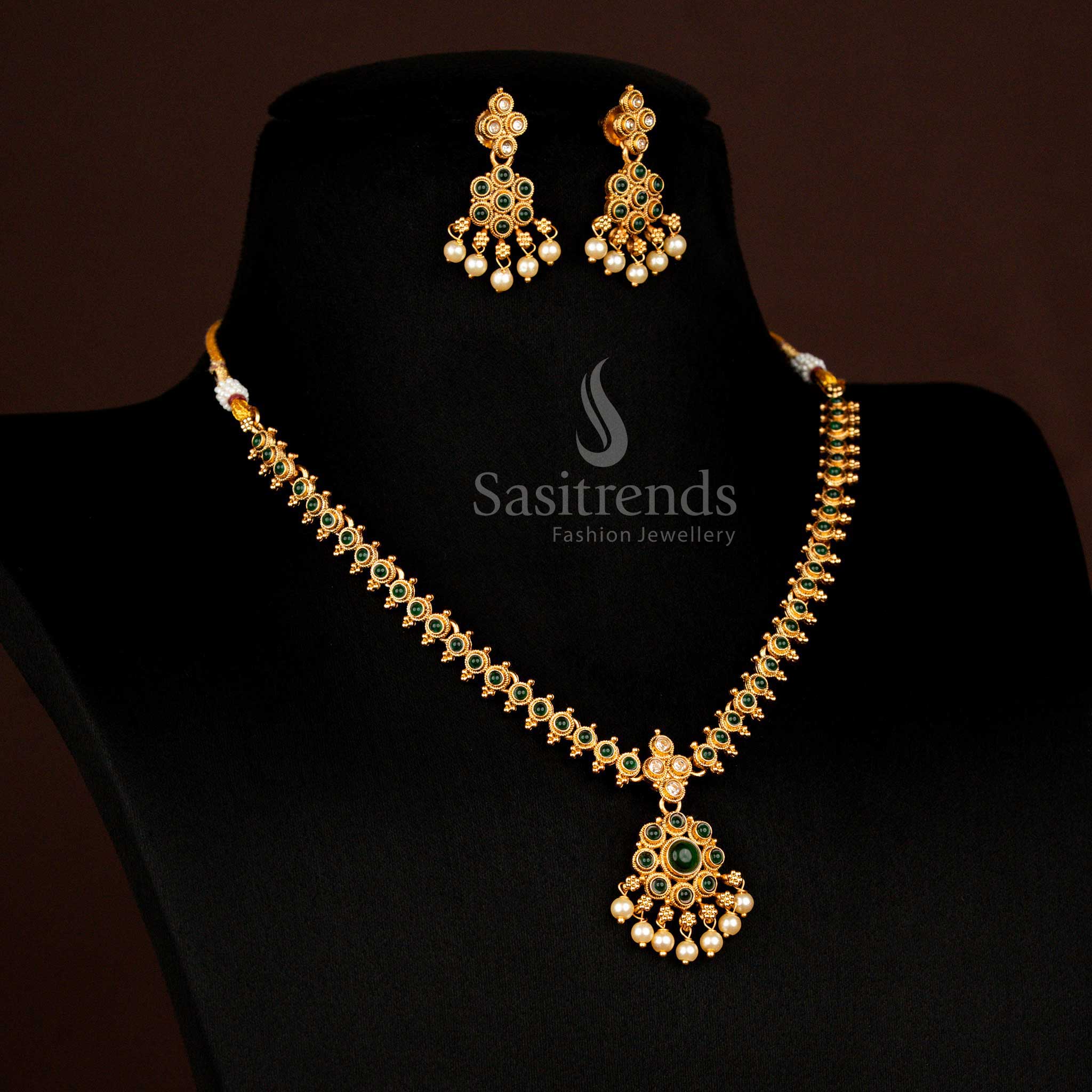 Traditional Classic Temple Matte Gold Plated Circular Stone Floral Green Pearl Necklace Set ,  Pocket Friendly - Sasitrends