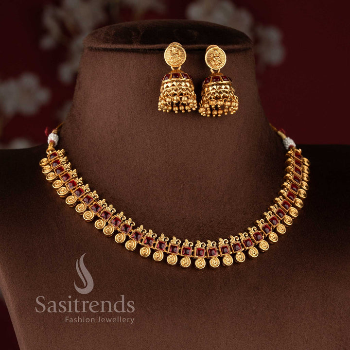 Classic Temple Matte Gold Plated Square Stone Choker with Lakshmi Coin Jhumka Jewellery Sets - Sasitrends