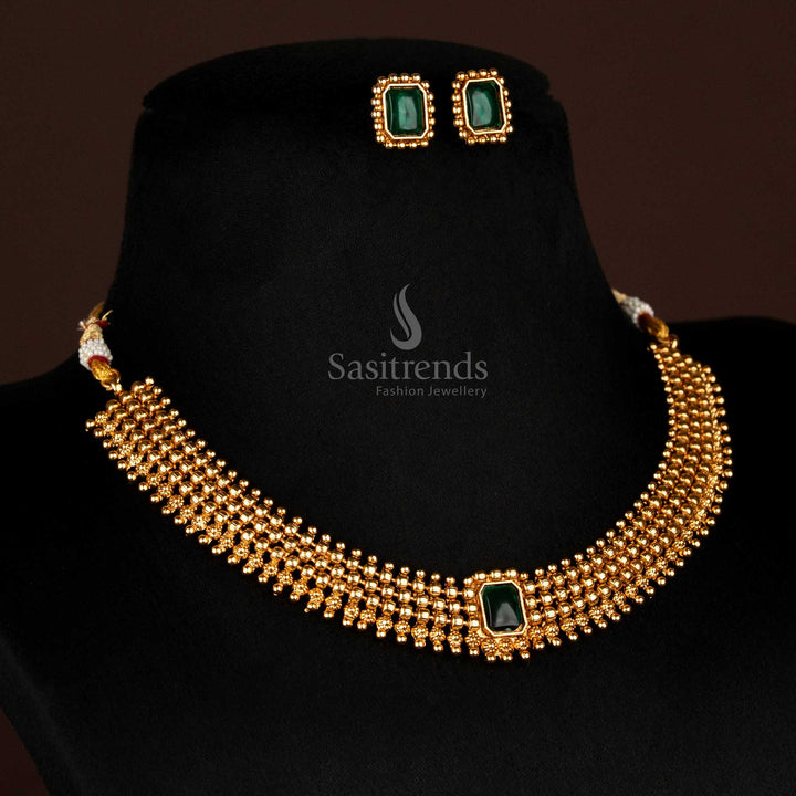 Classic Matte Gold Plated Traditional Ball Chain Necklace Jewellery Set with Rectangle Center Stone and Matching Stud Earrings - Sasitrends