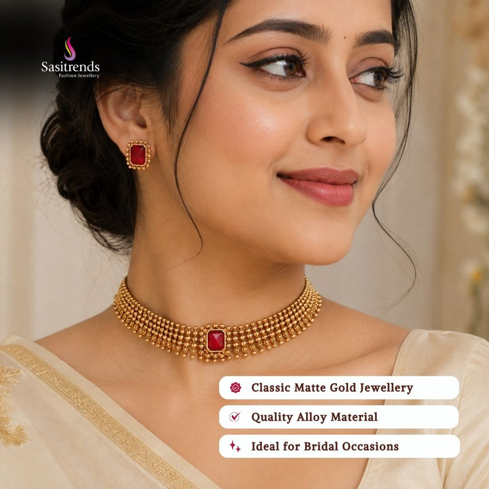 Classic Matte Gold Plated Traditional Ball Chain Necklace Jewellery Set with Rectangle Center Stone and Matching Stud - Sasitrends
