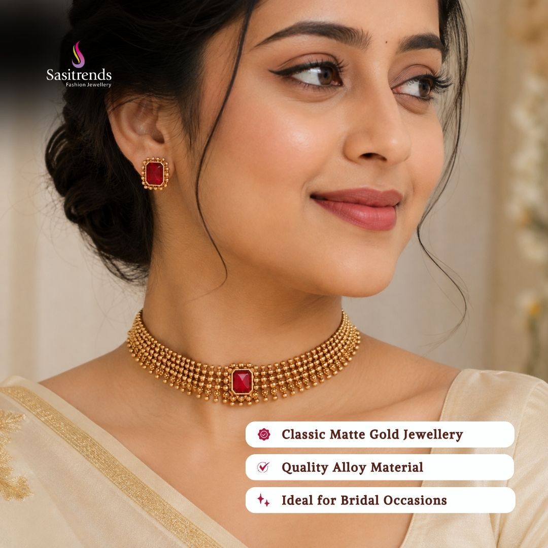 Classic Matte Gold Plated Traditional Ball Chain Necklace Jewellery Set with Rectangle Center Stone and Matching Stud - Sasitrends
