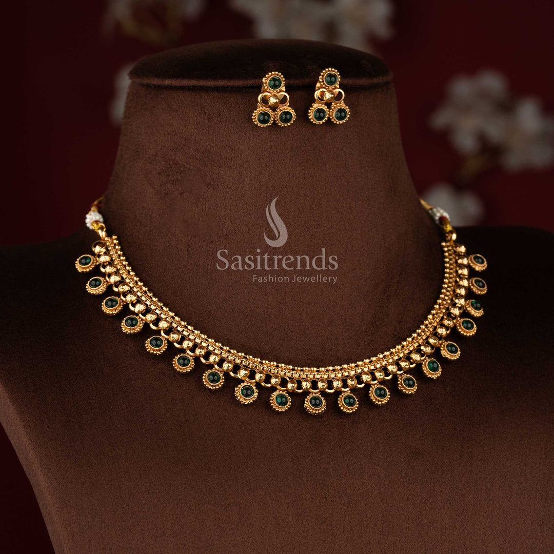 Sasitrends matte gold plated round motif flexible chain necklace jewellery set with bead drop design and matching stud earrings traditional temple style