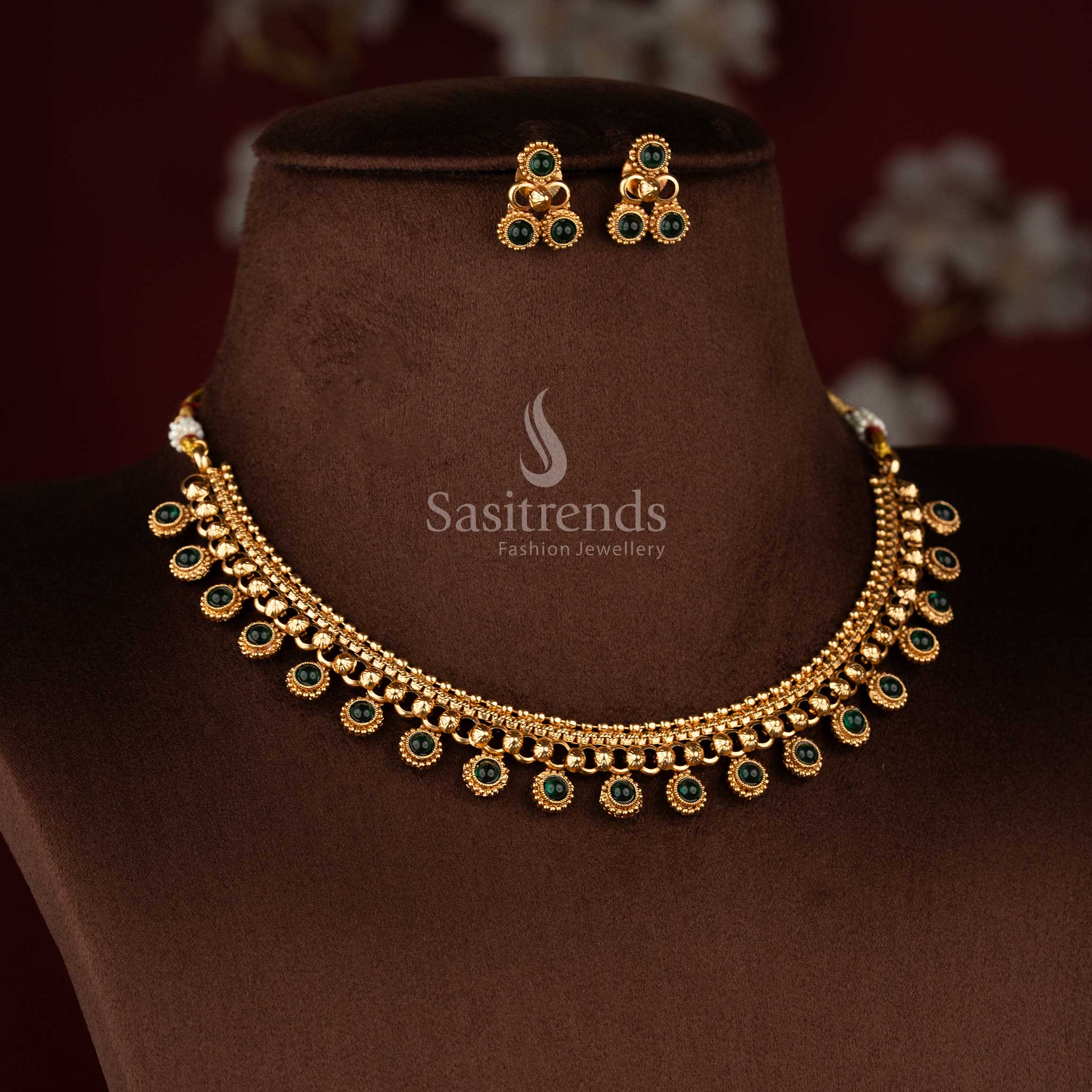 Sasitrends matte gold plated round motif flexible chain necklace jewellery set with bead drop design and matching stud earrings traditional temple style