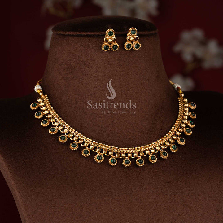 Sasitrends matte gold plated round motif flexible chain necklace jewellery set with bead drop design and matching stud earrings traditional temple style