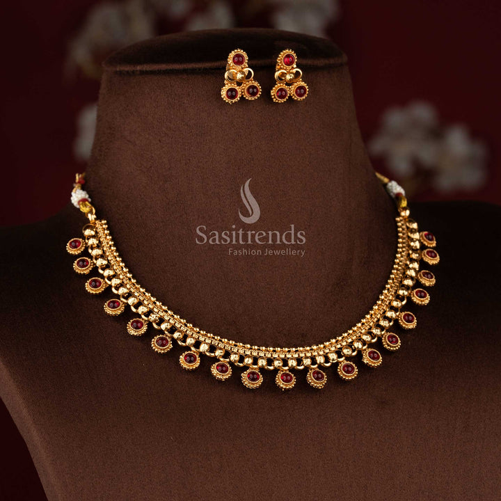 Sasitrends matte gold plated round motif flexible chain necklace jewellery set with bead drop design and matching stud earrings traditional temple style 