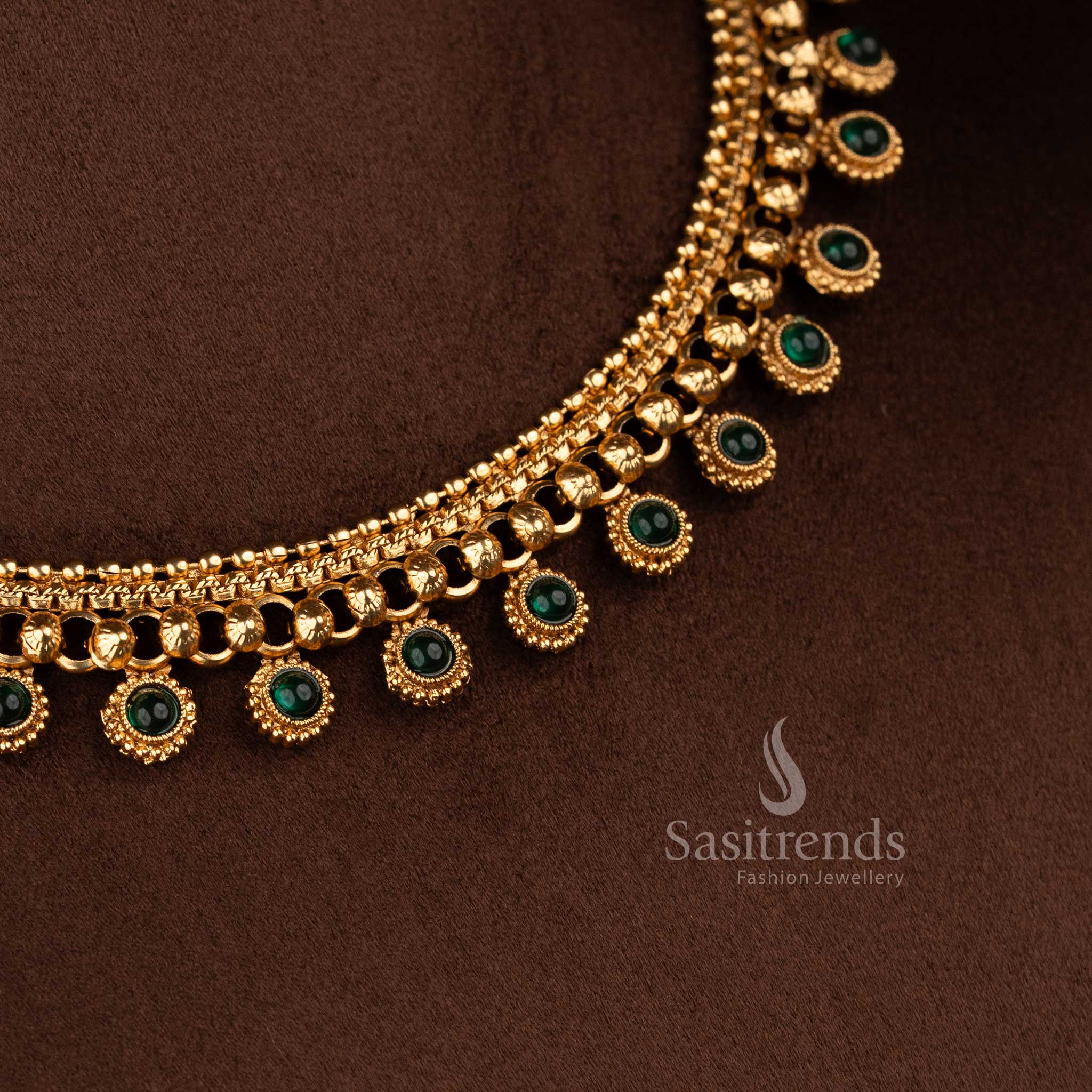 Sasitrends matte gold plated round motif flexible chain necklace jewellery set with bead drop design and matching stud earrings traditional temple style