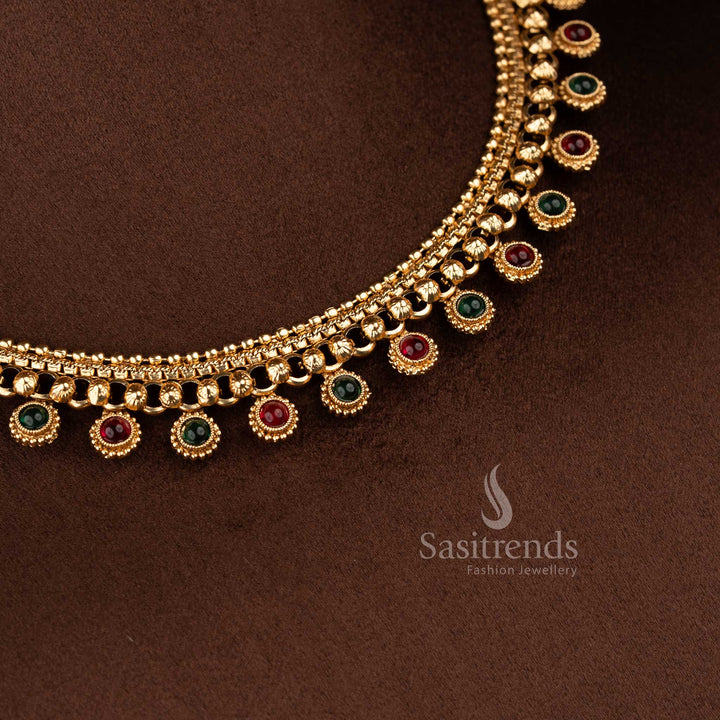 Sasitrends matte gold plated round motif flexible chain necklace jewellery set with bead drop design and matching stud earrings traditional temple style