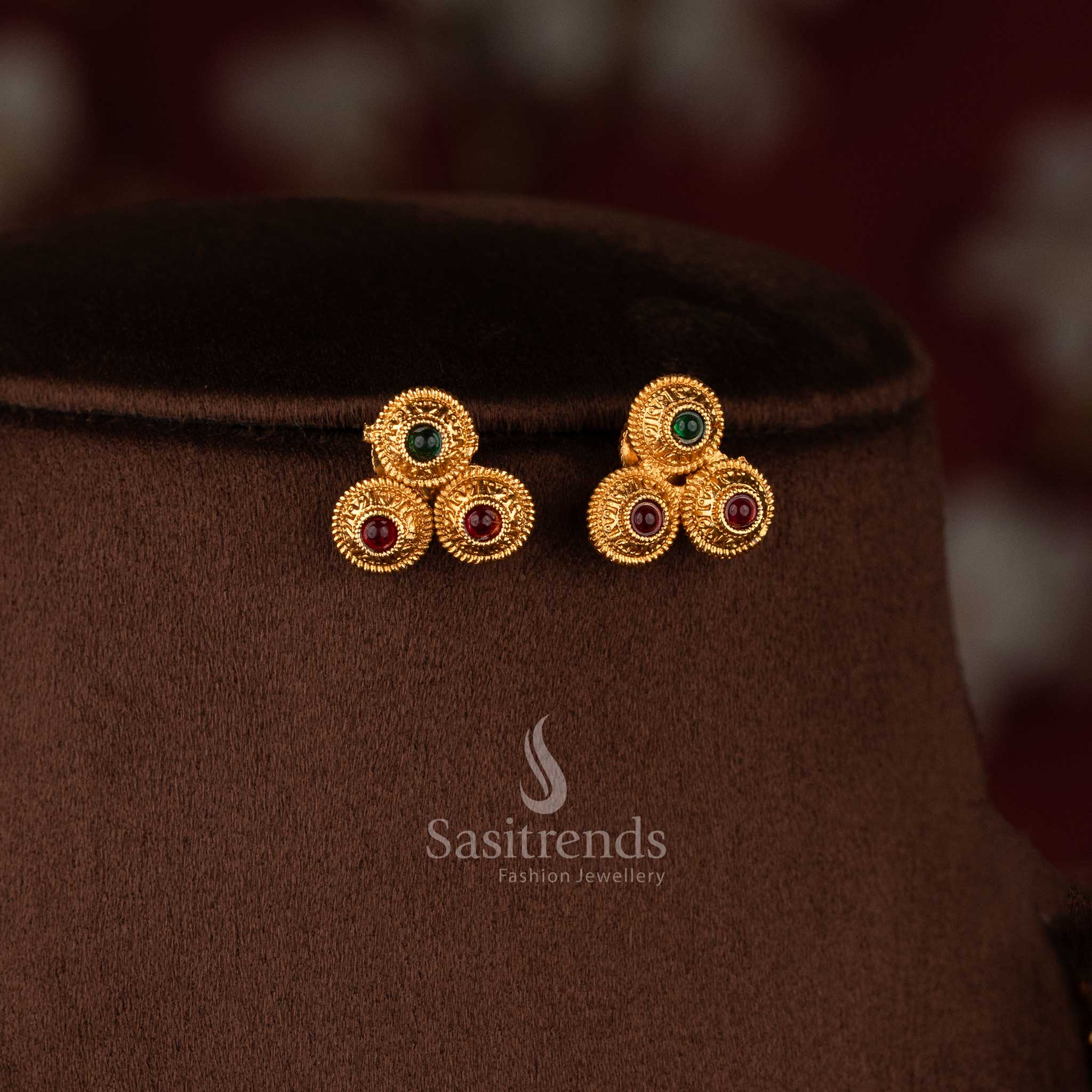 Sasitrends temple inspired classic matte gold plated ruby green round motif beaded drop necklace jewellery set with flexible chain design and matching stud earrings 