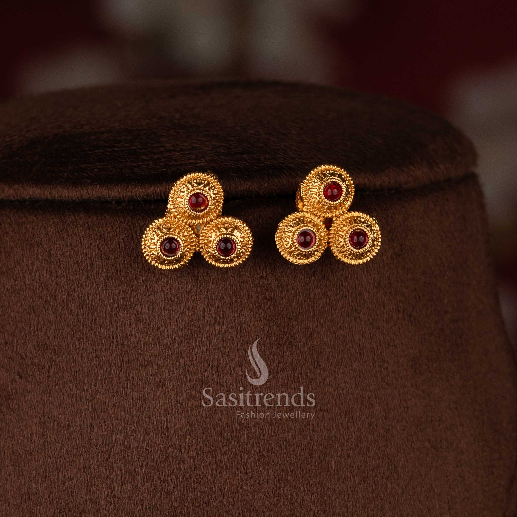 Sasitrends traditional matte gold plated necklace jewellery set crafted with flexible chain structure, round motif detailing and beaded drop design inspired by temple jewellery aesthetics