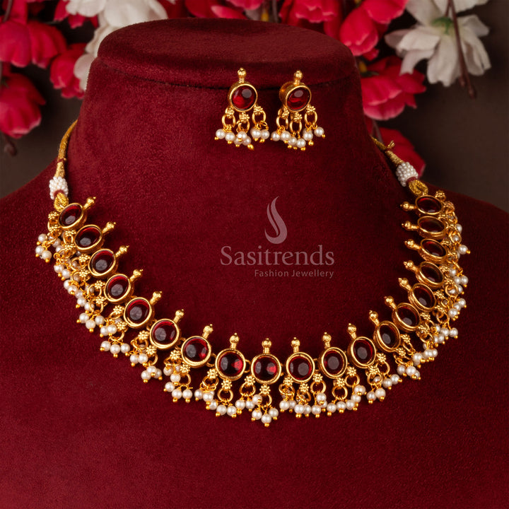 Vintage inspired matte gold necklace set with deep ruby Kemp stones, ideal for saree or lehenga styling – elegant festive jewellery – sasitrends