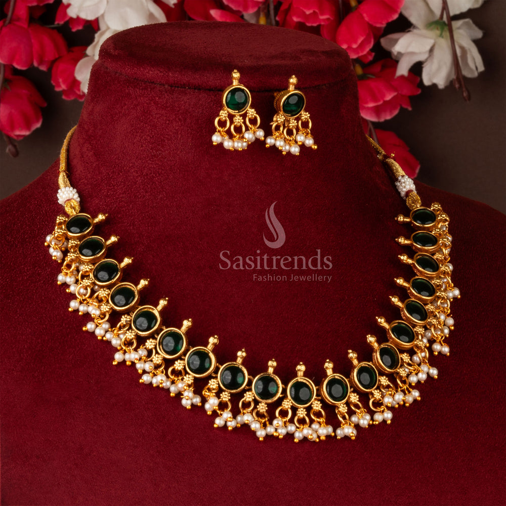 Ethnic elegance matte gold necklace with classic green Kemp stone earrings, a signature piece in traditional jewellery – sasitrends