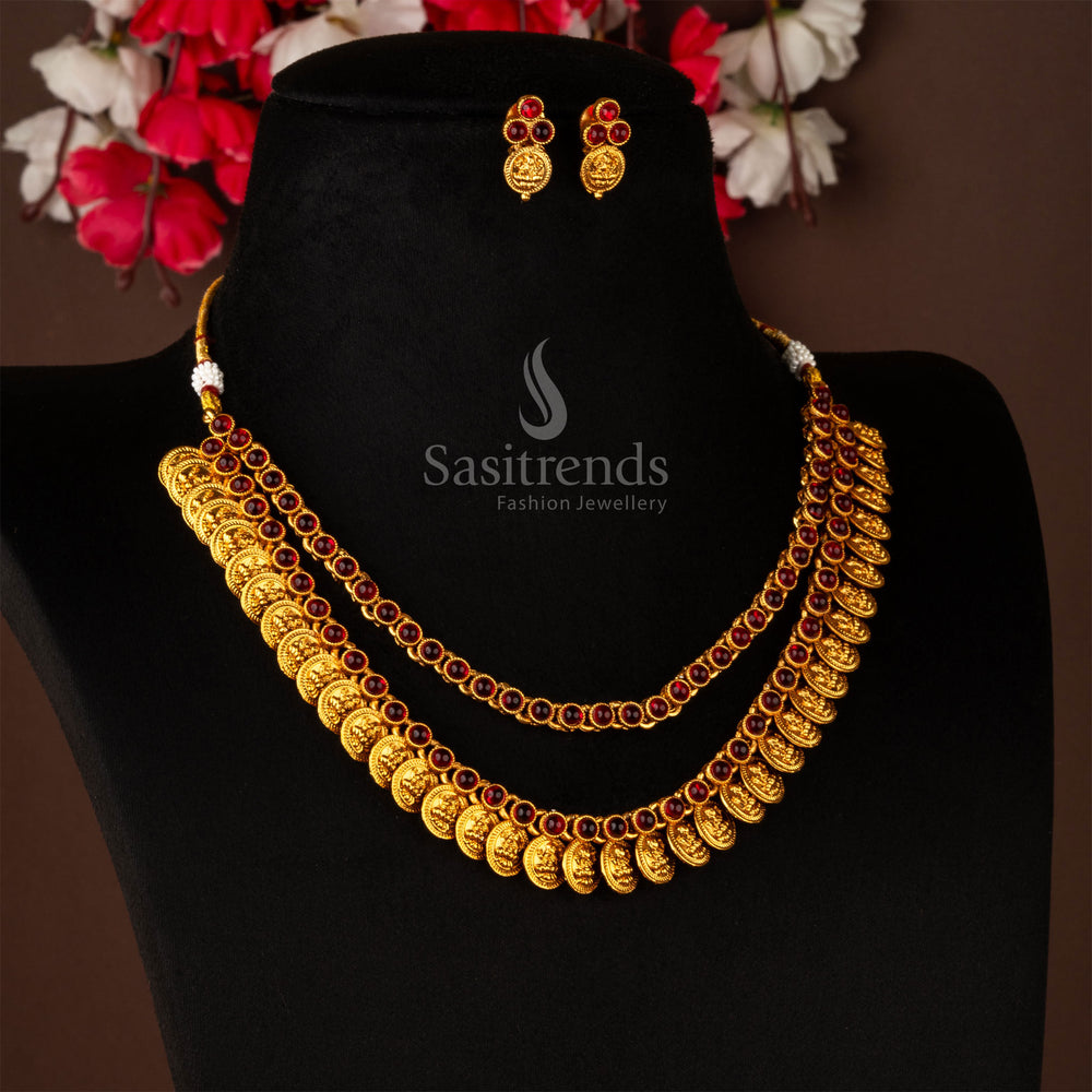 Ruby glory Lakshmi coin necklace in two-layer matte gold design, enhanced with matching earrings for a classic ethnic touch – sasitrends