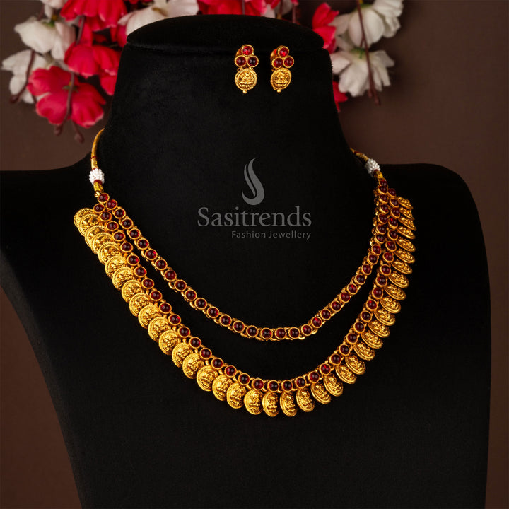 Ruby glory Lakshmi coin necklace in two-layer matte gold design, enhanced with matching earrings for a classic ethnic touch – sasitrends
