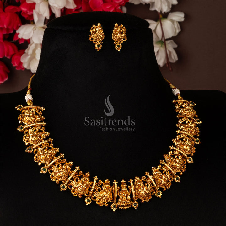 Green Kemp Lakshmi choker in matte gold with matching earrings, ideal for a traditional ethnic ensemble – classic jewellery styling – sasitrends