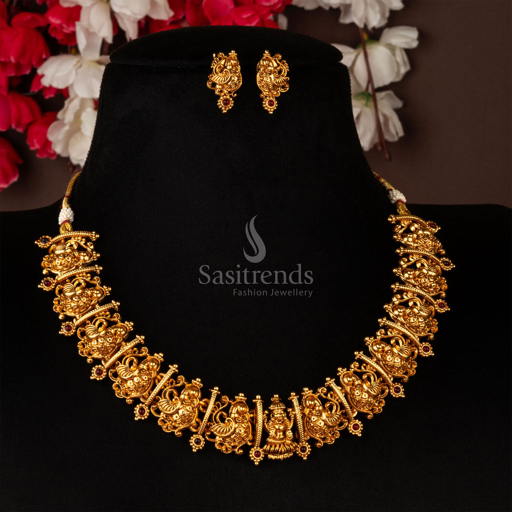 Deep ruby Kemp stone Lakshmi choker in rich matte gold, completed with coordinated earrings – perfect for traditional wear – sasitrends