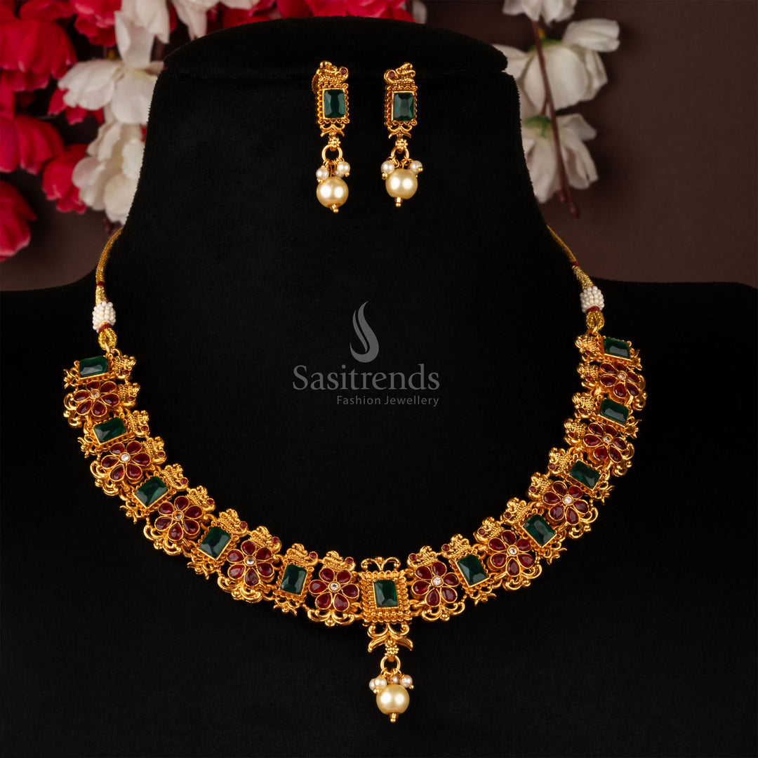 Sasitrends Traditional Matt Gold-Plated Necklace Set with Stones