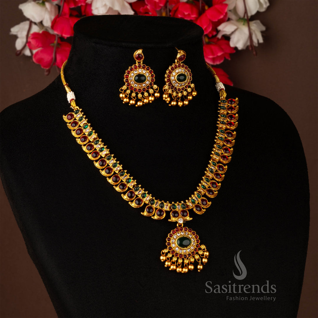Royal ruby-green Kemp mango design necklace in matte gold with temple detailing and matching earrings – classic festive jewellery set – sasitrends