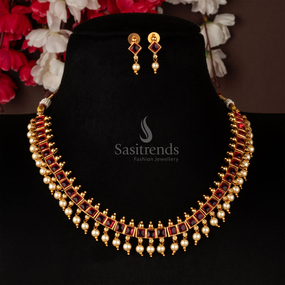 Heritage matte gold necklace featuring ruby stones connected with pearls – perfect ethnic jewellery set for sarees and occasions – sasitrends