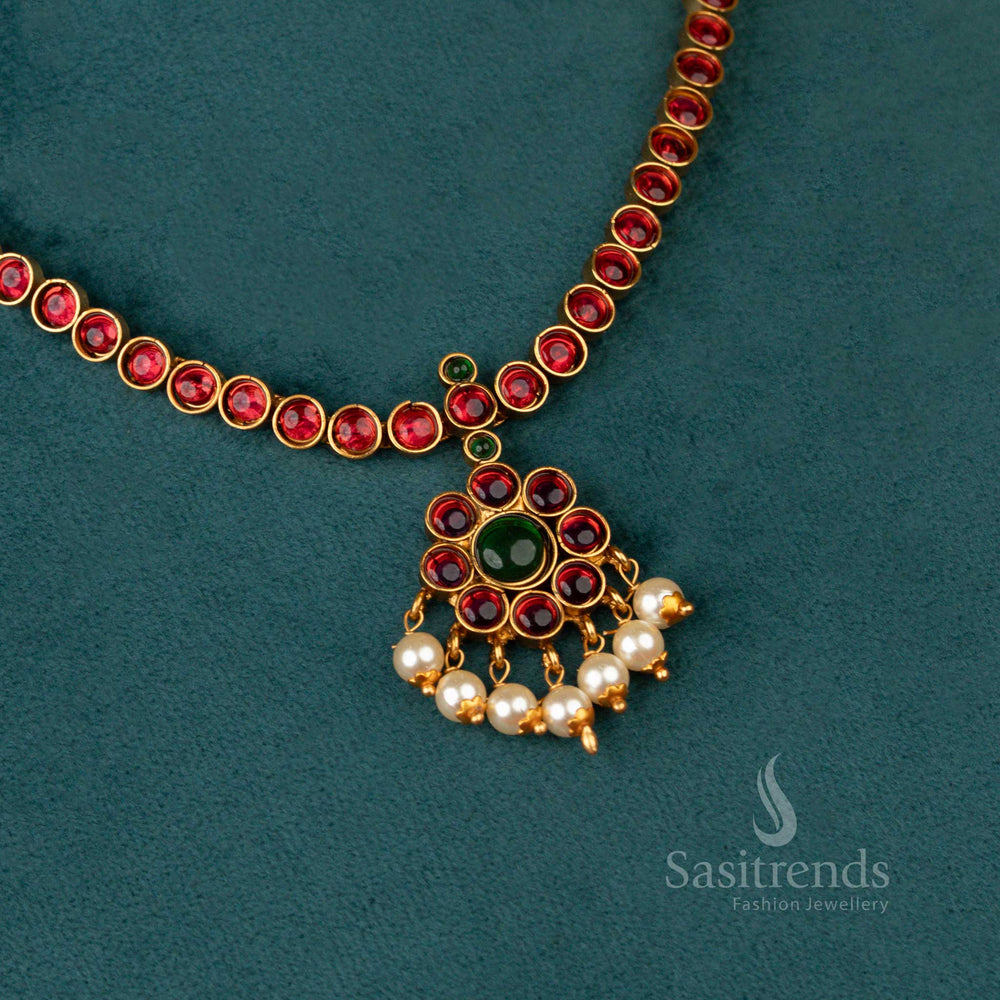 Classic Ruby-Green Matte Gold Plated Temple Necklace Jewellery Set With Intricately Embellished Pearl Detailing And Divine Goddess Motif – A Majestic Traditional Wedding Wear By Sasitrends