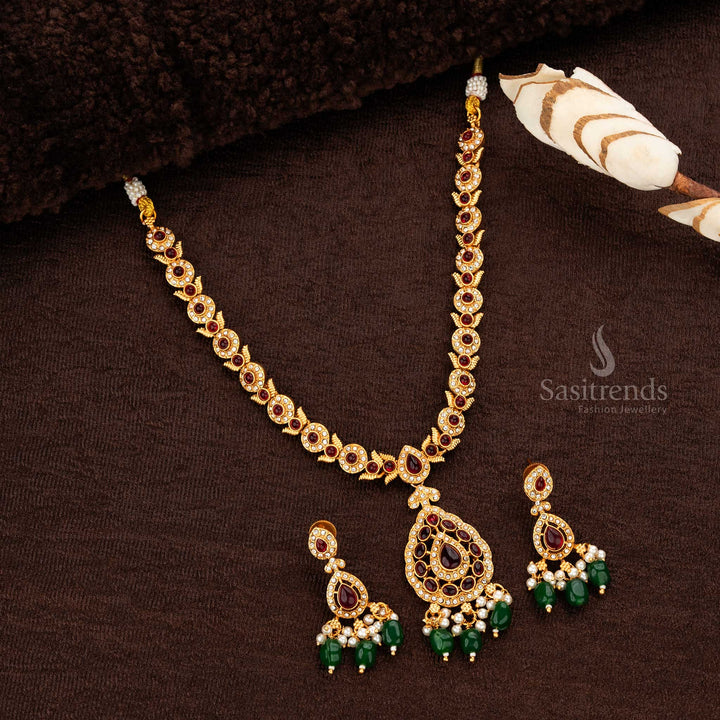 Traditional Classic Temple Matte Gold Plated Necklace Jewellery Set with Teardrop Motif and Green Bead Accents - Sasitrends