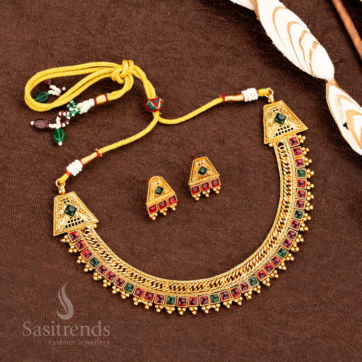 Heritage matte gold square pattern necklace set with radiant ruby-green stones, blending bridal beauty and traditional temple jewellery elegance for grand festive occasions by Sasitrends