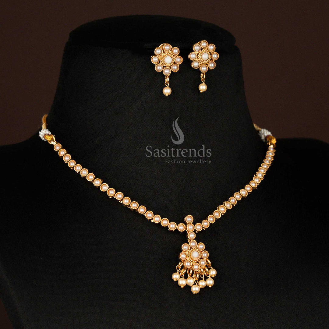 Classic matte gold necklace with pearl-accented floral round design – perfect temple jewellery for wedding looks and cultural dressing – Sasitrends